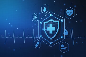Digital healthcare shield with medical icons and heartbeat line on blue background