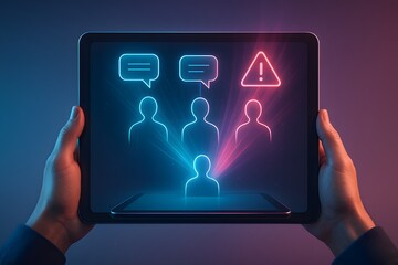 Hands holding tablet showing user silhouettes with chat bubbles and alert sign, neon glow background, concept for moderation, community safety, content reporting and risk management.