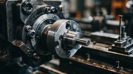 Obraz premium Close-up of Precision Metal Lathe Machinery with Rotating Element in Industrial Workshop Setting