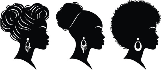 Silhouettes of three elegant African American women profiles, different hairstyles, earrings, beauty concept, black women vector, female portraits, side view illustration. © Fahim Creative