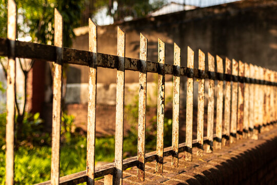 Rusty metal fence detail illuminated by afternoon sunlight in Asuncion, Paraguay