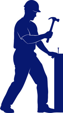 blue collar construction worker silhouette hammering nail, building dreams, isolated on transparent background