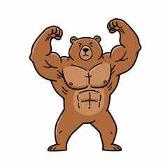 Obraz premium A cartoon illustration of a muscular brown bear flexing its biceps with a determined expression.