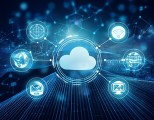 a digital network with icons representing cloud computing and data transfer