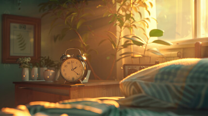 An alarm clock on a bright bed in the room, a serene and calm composition.