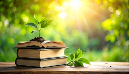 Growth of Knowledge A Plant Emerging from Books, Symbolizing Education and Learning in Nature