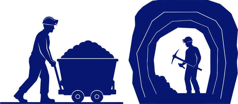 deep blue mine coal miners silhouette, teamwork and extraction, isolated on transparent background