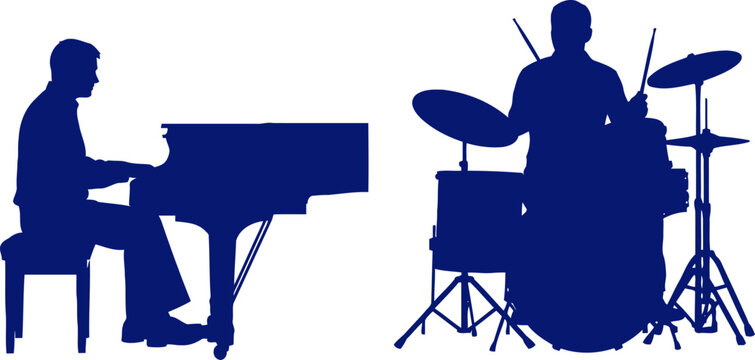 duo of musicians piano and drums, a night of blue silhouettes, isolated on transparent background