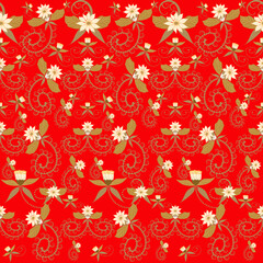 Damask flower style gift wrapping paper with a red background for the festive season,Seamless Christmas vintage style wrapping paper illustration print 300dpi