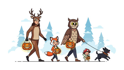 Trick-or-Treat Adventure: A whimsical Halloween scene unfolds as a costumed ensemble embarks on a trick-or-treating expedition. Animated charm and joyous spirit capture the heart of the spooky season.