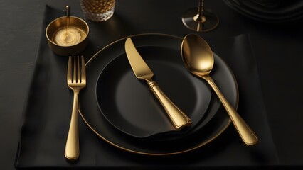 A luxurious and elegant table setting, for which modern matte black plates and golden cutlery have been chosen, is prepared for a formal event or fine dining restaurant. Sophisticated celebration conc