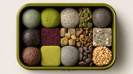 A green container filled with a variety of nuts and seeds. Concept of abundance and variety, as there are many different types of nuts and seeds in the container