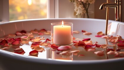 candle and rose petals in a bathtub at home