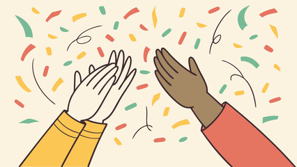 Illustrated hands clapping amidst colorful confetti celebrating success and achievement