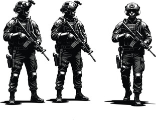 Special forces soldiers in tactical gear with rifles, military uniforms, combat equipment, standing and walking, black and white vector illustration