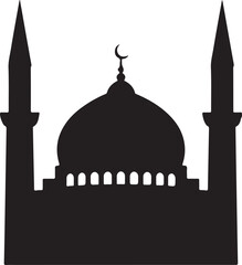 Vector art of silhouette of a mosque, showcasing islamic architecture with a dome and minarets, representing faith and cultural heritage
