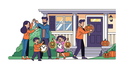 Spooky Autumn Celebration: Capturing the essence of a spirited autumnal celebration, this charming illustration showcases a joyful gathering. A family prepares for a festive Halloween night.