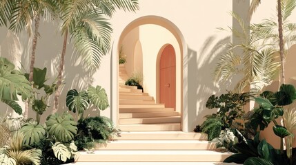 Fototapeta premium Aesthetic archway entrance with stairs and tropical plants in a serene and inviting outdoor setting with warm sunlight