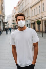 Fototapeta premium A young man wearing a white t-shirt mockup and a face mask, standing on a city street with people in the background