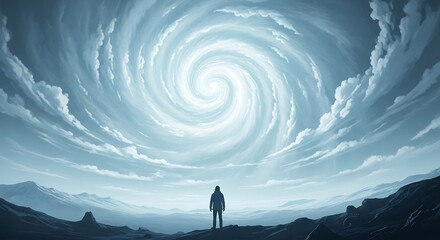Contemplative Figure Gazing at Cosmic Vortex.