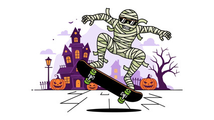 Halloween Mummy on Skateboard: A spirited mummy, wrapped in bandages, confidently rides a skateboard. Surrounded by the quintessential Halloween elements, including a haunted house, pumpkins.