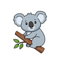 Cartoon koala sitting on eucalyptus tree branch, adorable Australian marsupial illustration, cute wildlife vector for children and education