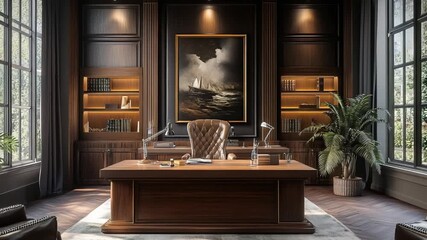 Elegant office with wooden desk and artwork backdrop