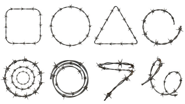 Realistic 3D Barbed Wire Shapes and Frames PNG Set. Isolated Industrial Grunge Border and Circle Elements for Graphic Design.