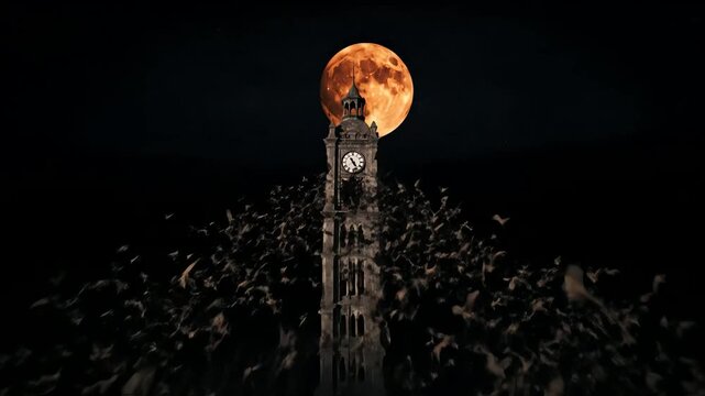 Clock tower stands tall against a night sky with a full moon, surrounded by a swarm of bats, creating a spooky and mysterious atmosphere.