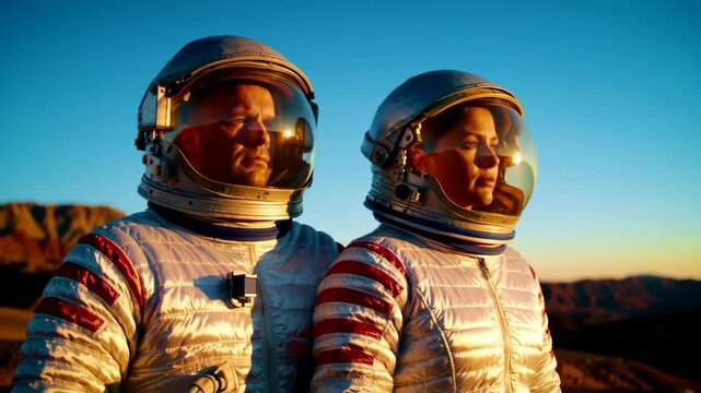 Male and female astronaut partners in silver spacesuits watching the golden sunrise on a new alien planet
