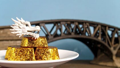 Gold ingots atop a plate, a white dragon head perched above, under an aged bridge