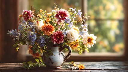 Elegant home decor still life photography autumn blooms 4k AI generated video. Floral arrangement vibrant fall flowers romantic mood 4k AI generated video. - Powered by Adobe