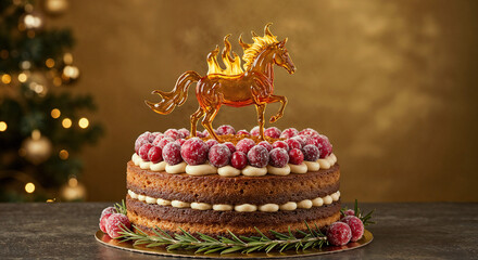 Fire horse figurine, symbol of the year, on the Christmas table . Generative AI