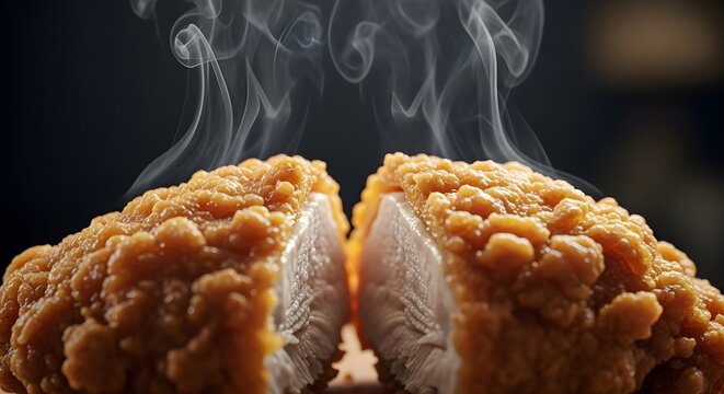 Crispy Fried Chicken with Steam, and Closeup.