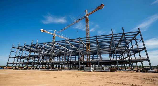 Steel frame construction of a large industrial building with two yellow cranes against a bright blue sky and sandy ground