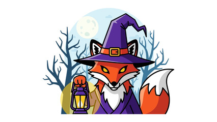 Mystical Fox with a lantern: A bewitching scene, where a charming fox dons a wizard hat and robes, holding a lantern. Under the moonlight in a forest, it's ready for Halloween adventure.