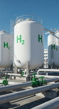 Futuristic hydrogen facility with tanks, pipes, and clear blue sky.