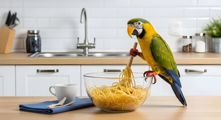 Parrot stirring spaghetti in big bowl