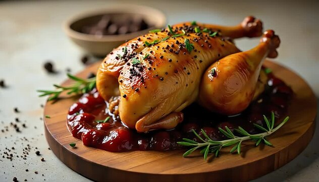 Coq au vin resting on wooden board with thyme sprigs and cracked pepper sprinkled nearby 