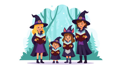 Bewitching Ensemble: Four witches, each radiating uniqueness, share a spellbinding moment amidst the mystic enchantment of an illustrated forest.