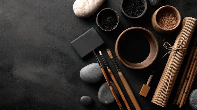 Overhead shot of traditional sumie painting tools arranged on a textured black surface, creating a serene and artistic composition