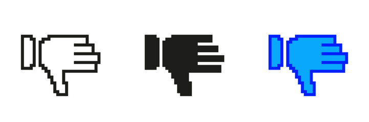 Obraz premium Pixelated Thumbs Down Icon Set. Negative Feedback Gesture in Pixel Art Style. Symbol of Disapproval or Bad Feedback. Isolated Vector Illustration