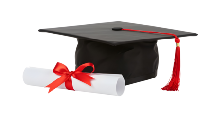 Black Graduation Cap and Diploma Scroll with Red Ribbon Isolated on White Background