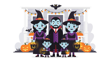 Family Halloween Fantasy: A spirited family poses in festive Halloween costumes, brimming with cheerful anticipation of treats and eerie adventures.