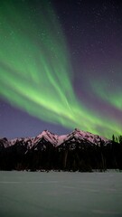 Aurora borealis over snowy mountains