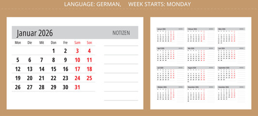 German calendar 2026 with space notes. Vector illustration for Germany