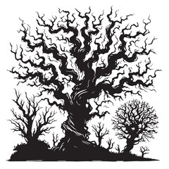 Black Scary Tree Silhouette Vector Illustration design, Solid White Background