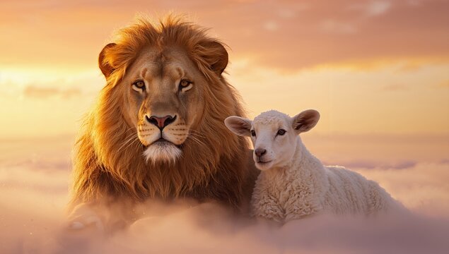 Lion Lamb Sunset peaceful animals resting together in warm evening landscape