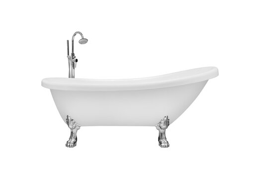 Front view a modern white ceramic bathtub that perfectly blends contemporary and retro styles. Looks simple but luxurious isolated