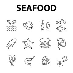Fototapeta premium Fish and seafood icon set. shrimp, star fish, oyster, cramp fish,Symbols Editable stroke. Vector illustration.eps